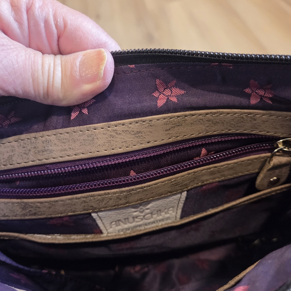 Anuschka Hand-Painted Leather Crossbody Peacock Winter Tree Design Colorful Art - Picture 8 of 13
